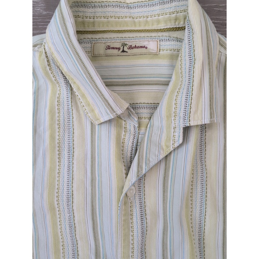 Tommy Bahama Shirt Mens Size Large Silk Green Textured Striped Short‎ Sleeve - Picture 6 of 7